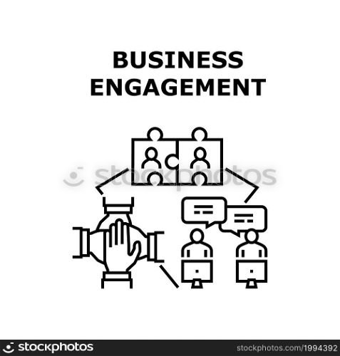 Business Engagement Vector Icon Concept. Business Engagement And Relationship With Partner, Teamwork And Communication With With Employee And Colleague. Team Work And Occupation Black Illustration. Business Engagement Concept Black Illustration