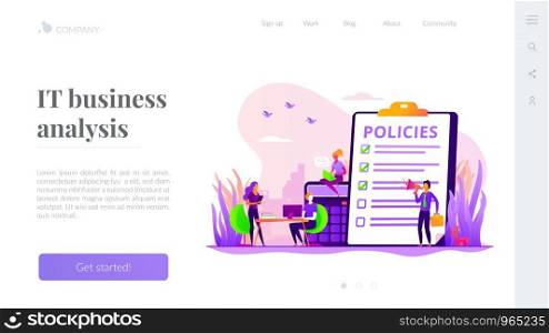 Business ethics. Corporate governance. Regulations compliance. Business rules, main company policy, business regulation, IT business analysis concept. Website homepage header landing web page template.. Business rule landing page template