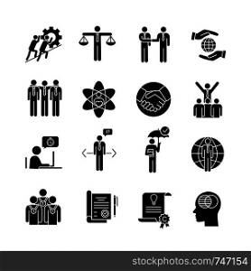 Business ethics glyph icons set. Business deal, agreement. Core values. Moral standards. Partnership, teamwork. Empathy, responsibility, trust, honesty. Vector isolated illustration. Business ethics glyph icons set