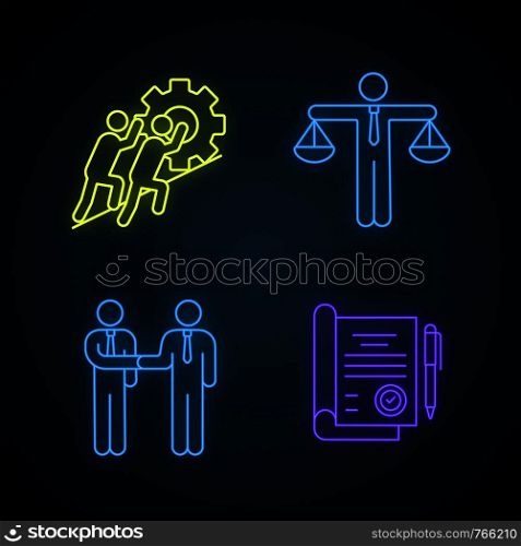 Business ethics neon light icons set. Partnership, honesty, teamwork, signed contract. Glowing signs. Vector isolated illustrations. Business ethics neon light icons set