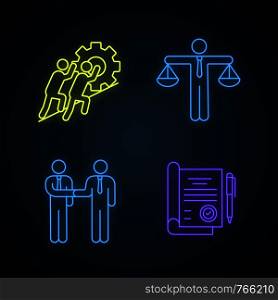 Business ethics neon light icons set. Partnership, honesty, teamwork, signed contract. Glowing signs. Vector isolated illustrations. Business ethics neon light icons set