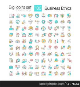 Business ethics RGB color icons set. Teamwork in workplace. Reaching goals together. Isolated vector illustrations. Simple filled line drawings collection. Editable stroke. Quicksand-Light font used. Business ethics RGB color icons set
