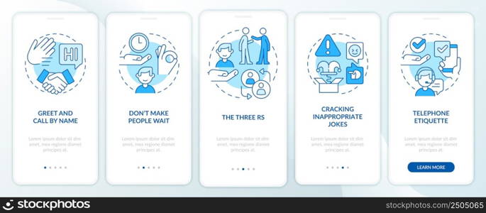 Business etiquette blue onboarding mobile app screen. Set of rules walkthrough 5 steps graphic instructions pages with linear concepts. UI, UX, GUI template. Myriad Pro-Bold, Regular fonts used. Business etiquette blue onboarding mobile app screen