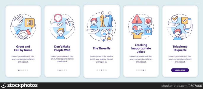 Business etiquette onboarding mobile app screen. Set of rules walkthrough 5 steps graphic instructions pages with linear concepts. UI, UX, GUI template. Myriad Pro-Bold, Regular fonts used. Business etiquette onboarding mobile app screen