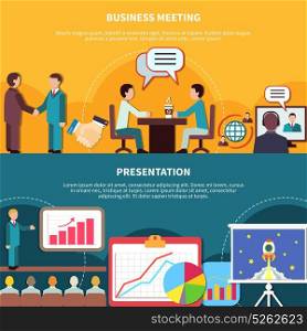 Business Events Banners Set. Set of two horizontal business banners with compositions of flat presentation meeting images with editable text vector illustration