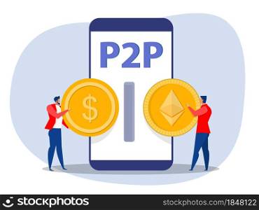 Business exchange money to Peer to peer payments. Cryptocurrency virtual transaction. Vector illustration.