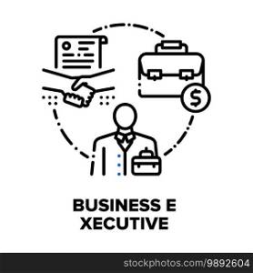 Business Executive Worker Vector Icon Concept. Executive Businessman Have Successful Meeting With Partner And Signing Contract, Manager Organization And Perfect Work Black Illustration. Business Executive Worker Vector Concept Black Illustration