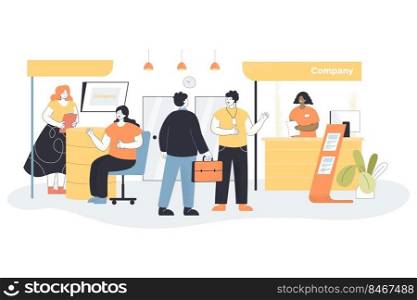 Business exhibition with visitors and expo workers. People visiting company presentation, exposition or show of products flat vector illustration. Tradeshow, marketing event in business center concept. Business exhibition with visitors and expo workers