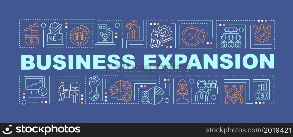 Business expand word concepts banner. Company financial growth. Infographics with linear icons on blue background. Isolated creative typography. Vector outline color illustration with text. Business expand word concepts banner