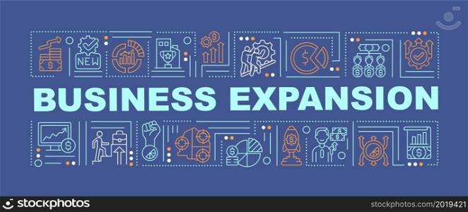Business expand word concepts banner. Company financial growth. Infographics with linear icons on blue background. Isolated creative typography. Vector outline color illustration with text. Business expand word concepts banner