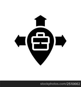 Business expansion black glyph icon. Company growth strategy. Expanding to new locations. Entering new market. Silhouette symbol on white space. Solid pictogram. Vector isolated illustration. Business expansion black glyph icon