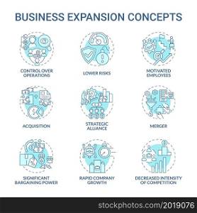 Business expansion blue concept icons set. Company growth and development idea thin line color illustrations. Merger, acquisition. Market competition. Vector isolated outline drawings. Editable stroke. Business expansion blue concept icons set