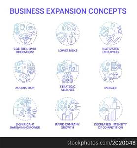 Business expansion blue gradient concept icons set. Company growth and development idea thin line color illustrations. Merger, acquisition. Market competition. Vector isolated outline drawings. Business expansion blue gradient concept icons set
