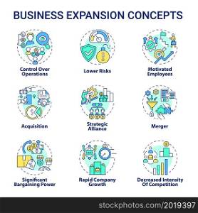 Business expansion concept icons set. Company growth and development idea thin line color illustrations. Merger and acquisition. Market competition. Vector isolated outline drawings. Editable stroke. Business expansion concept icons set