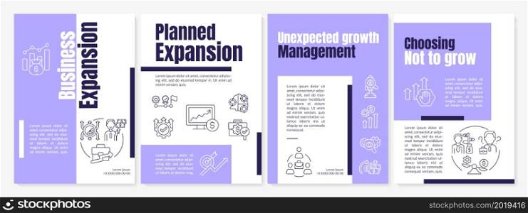 Business expansion purple brochure template. Company development. Flyer, booklet, leaflet print, cover design with linear icons. Vector layouts for presentation, annual reports, advertisement pages. Business expansion purple brochure template