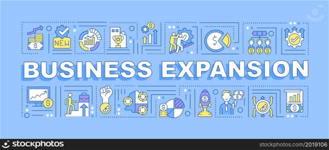 Business expansion word concepts banner. Company financial growth. Infographics with linear icons on blue background. Isolated creative typography. Vector outline color illustration with text. Business expansion word concepts banner