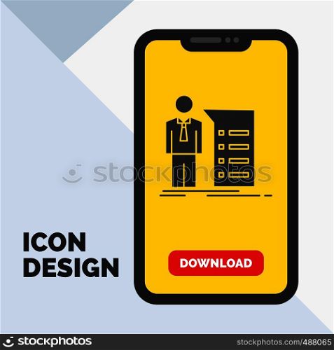 Business, explanation, graph, meeting, presentation Glyph Icon in Mobile for Download Page. Yellow Background. Vector EPS10 Abstract Template background