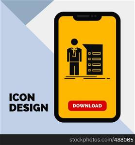 Business, explanation, graph, meeting, presentation Glyph Icon in Mobile for Download Page. Yellow Background. Vector EPS10 Abstract Template background
