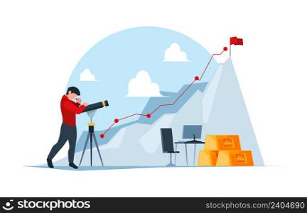 Business exploring. Man watching in telescope successful person growth up processes garish vector background illustration in flat style. Business looking for vision of idea, searching opportunity. Business exploring. Man watching in telescope successful person growth up processes garish vector concept background illustration in flat style