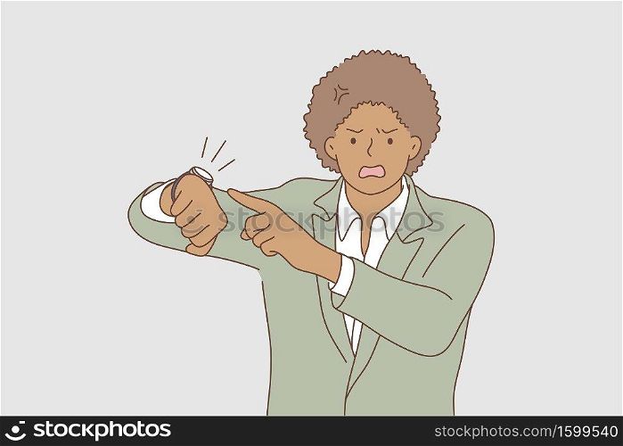 Business, face, expression, wait, emotion concept. Young worried unhappy african american businessman guy clerk manager hurry and pointing to watch time. Impatience and deadline delay illustration.. Business, face, expression, wait, emotion concept.