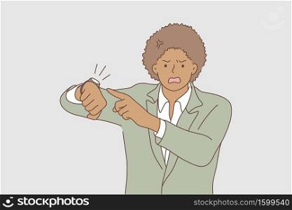 Business, face, expression, wait, emotion concept. Young worried unhappy african american businessman guy clerk manager hurry and pointing to watch time. Impatience and deadline delay illustration.. Business, face, expression, wait, emotion concept.