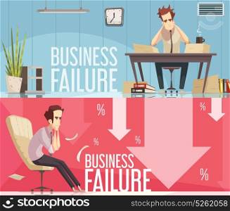 Business Failure 2 Retro Cartoon Posters . Business failure 2 retro cartoon banners with frustrated businessman sitting in red arrows down isolated vector illustration