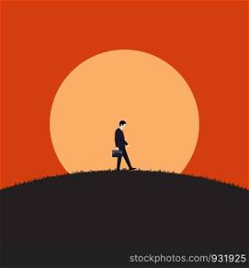 Business failure and bakruptcy concept. Businessman walking on meadow with sunset background, Silhouette vector, Crisis, Recession, Decline. Vector illustration flat