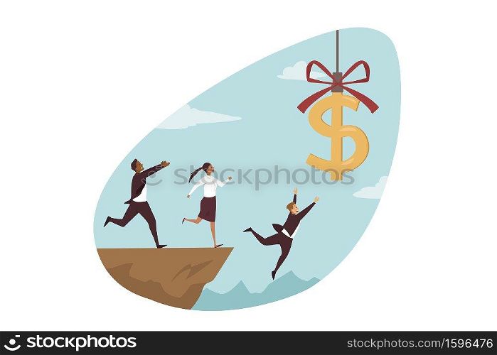 Business failure, bankruptcy, money concept. Team of businessmen woman clerks managers cartoon characters running chasing after flying dollar sign falling in gap from hill. Easy cash trap illustration. Business failure, bankruptcy, money trap concept