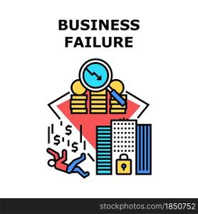 Business Failure Vector Icon Concept. Business Failure Crisis And Bankruptcy Company Financial Economy Problem, Depressed Businessman Lost Money And Work. Market Crash Color Illustration. Business Failure Vector Concept Color Illustration