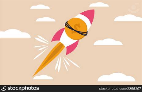 Business fast cost and rocket boost launch with coin. Market strategy innovation and blast price vector illustration concept. Money earnings and growing wealth. Investment higher success and salary