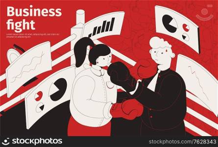 Business fight isometric poster with male and female characters in boxing gloves fighting each other in ring vector illustration