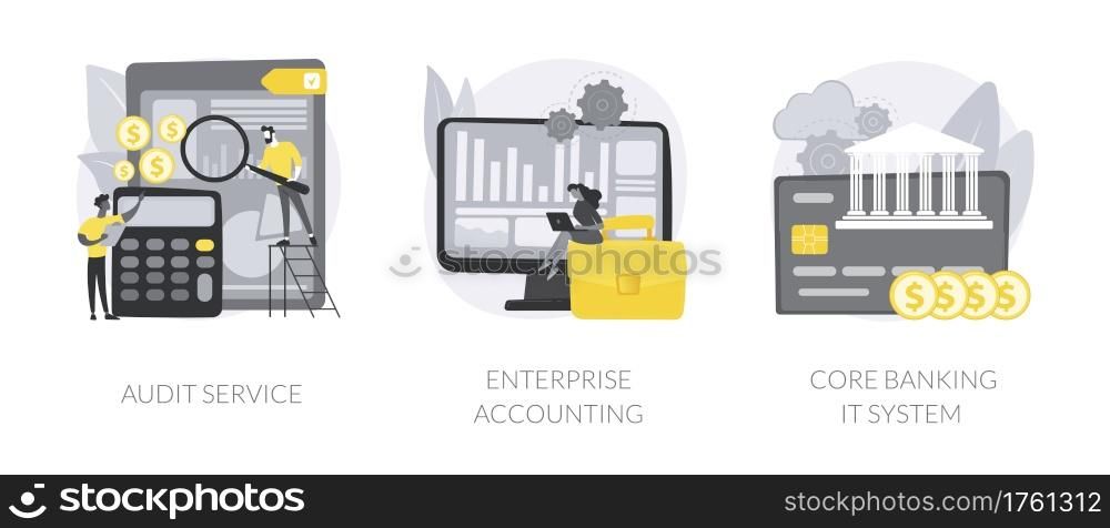 Business finance abstract concept vector illustration set. Audit service, enterprise accounting, core banking IT system, consulting company, financial transaction, clients deposit abstract metaphor.. Business finance abstract concept vector illustrations.