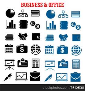 Business, finance and office flat icons with black and blue silhouettes of financial reports, money, handshake, chart, briefcases, laptop, news, globe, calendar, pen and organizer. Business, finance and office flat icons