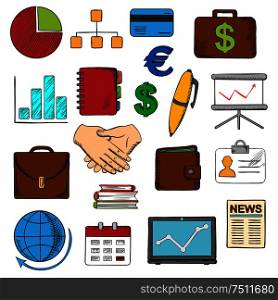 Business, finance and office icons with financial reports and money, handshake and chart, briefcases and laptop, news and globe, calendar, pen and organizer. Business, finance and office icons