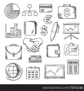 Business, finance and office sketched icons with financial reports, money, handshake and chart, briefcases and laptop, news and globe, calendar, pen and organizer. Vector sketch illustration. Business, finance and office icons sketches