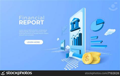 Business finance bank service with mobile application on world map. financial report screen with data and graph. vector 3d perspective illustration.