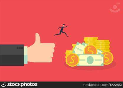business finance concept, Big hand like and giving a money to the rejoicing people . Vector illustration flat design