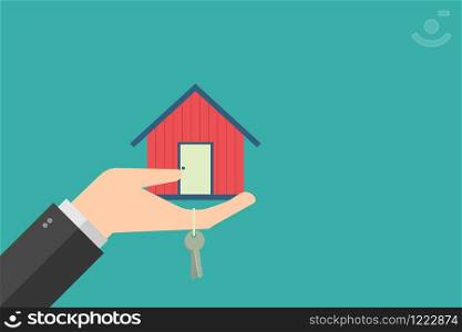 business finance concept, Hand holding home in palm and key . Vector illustration flat design