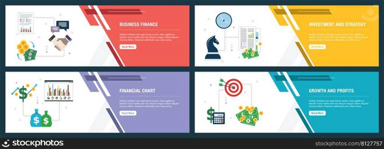 Business finance, investment and strategy, financial chart, growth and profits. Internet website banner concept with icon set. Flat design vector illustration.