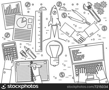 Business, finance, management, team work, analysis, strategy and planning, startup. Modern minimalistic flat design. Thin line icon. Vector illustration.