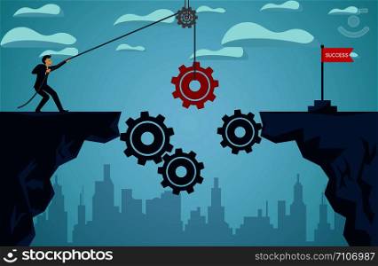 business finance success concept. businessman who pull the red gear With rope to be a bridge leads to the goal red flag. So that the organization can be driven. illustration cartoon vector