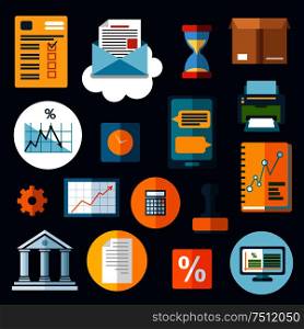 Business, financial and office flat icons with computer, report, financial graphs, charts and smartphone, letter and delivery box, bank, rubber stamp and calculator, wall clock and hourglass, printer, percent and gear. Business, financial and office flat icons