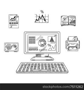 Business, financial and office printer, laptop computer, report and chart, graph, folder and safe box. Vector sketch. Business, financial and office objects