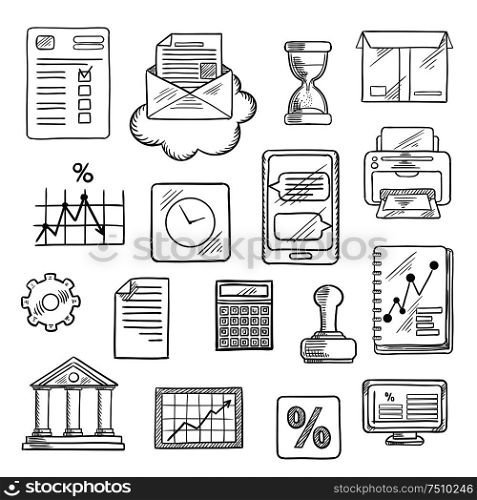 Business, financial and office sketched icons with computer, report, financial charts, graph, smartphone, letter and delivery box, bank, rubber stamp and calculator, wall clock and hourglass, printer, percent symbol and gear. Business, financial and office sketched icons