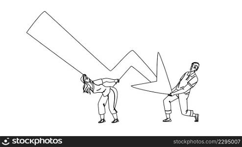Business Financial Crisis Of Businesspeople Black Line Pencil Drawing Vector. Businessman And Businesswoman Trying To Stop Down Decrease Arrow, Financial Crisis And Bankruptcy. Characters Illustration. Business Financial Crisis Of Businesspeople Vector