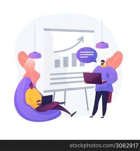 Business financial report. Entrepreneurs cartoon characters writing business plan, analyzing data and statistics. Graphic, information, research. Vector isolated concept metaphor illustration. Business financial report vector concept metaphor