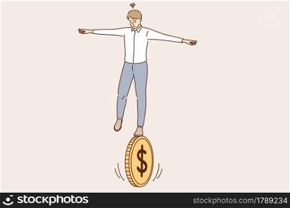 Business financial risk, balance of economics concept. Young businessman cartoon character standing balancing not to fail from walking on golden coin feeling doubt vector illustration. Business financial risk, balance of economics concept