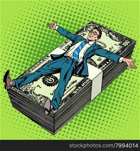 Business financial success concept businessman at the stack of money pop art retro style. The salary of the joy of work. Financial success. Business financial success concept businessman at the stack of m