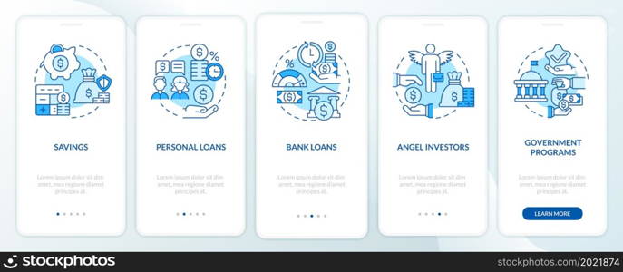 Business financial support tips onboarding mobile app page screen. Startup launch walkthrough 5 steps graphic instructions with concepts. UI, UX, GUI vector template with linear color illustrations. Business financial support tips onboarding mobile app page screen