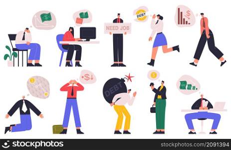 Business financial trouble, bankruptcy, ratings drop, leadership crisis. Sad characters with business problems vector illustration set. Financial failure company employee. People in depression. Business financial trouble, bankruptcy, ratings drop, leadership crisis. Sad characters with business problems vector illustration set. Financial failure company employee